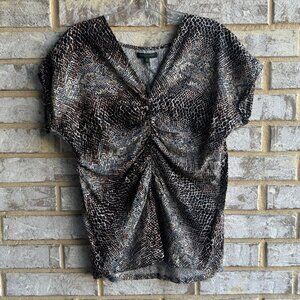 For Cynthia Short Sleeve Animal Print Linen Blend V-Neck Blouse Size S Petite